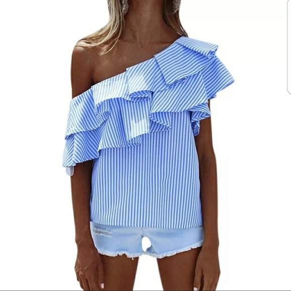 Tops - Beach Blue off shoulder ruffled blouse